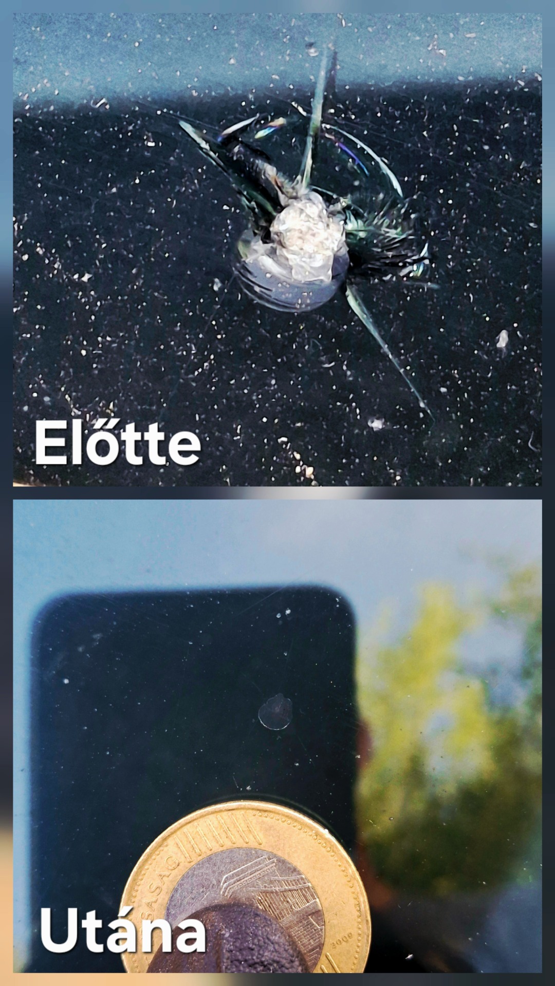 Szélvédő kőfelverődés javítás előtte- utána 